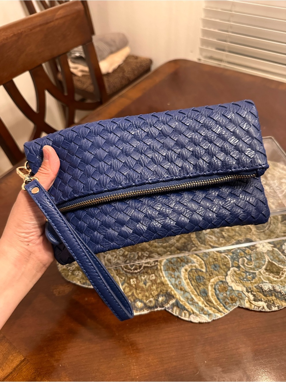 Woven Fold-Over Wristlet Clutch in Deep Blue